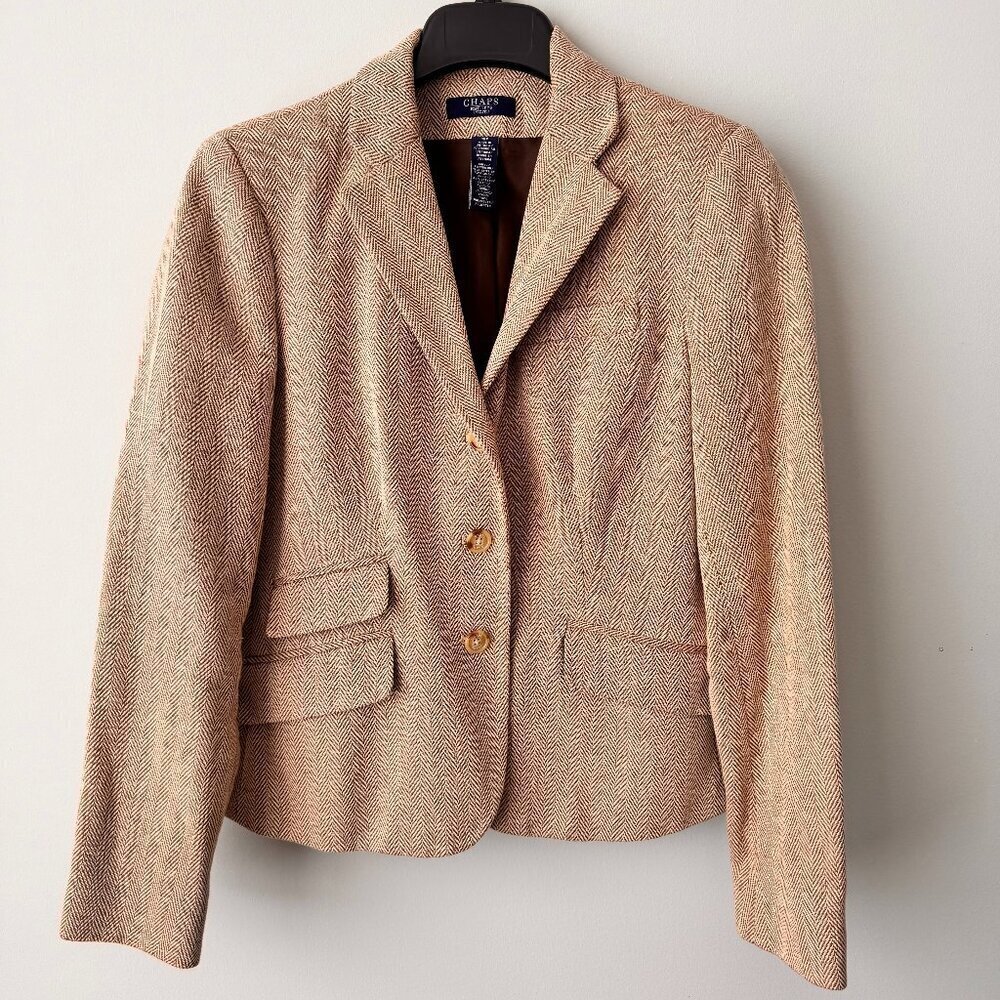 Vintage Chaps Ralph Lauren Petite Linen/Cotton Blend Houndstooth Blazer Brown